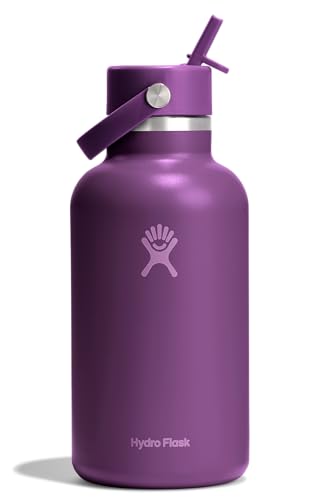 Hydro Flask Water Bottle - Insulated Stainless Steel - Wide Mouth Flex Straw Lid, Non Spill, Leakproof and Refillable in 64 oz Beachplum Purple