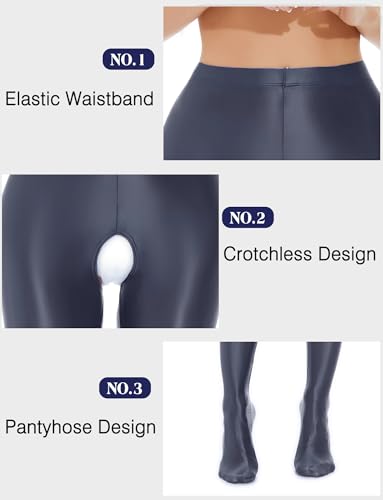 Image of FEOYA Women's Open Crotch Oil Shiny Pantyhose High Waist Control Top Silky Oily Crotchless Footed Tights Stockings