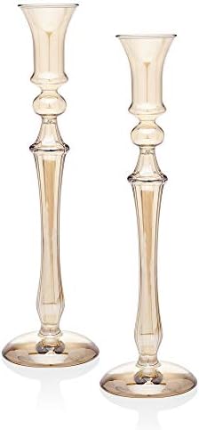 Godinger Stemmed Amber Candle Stick Holder Decoration Table Centerpieces Dining Room - Set of Two - 10"