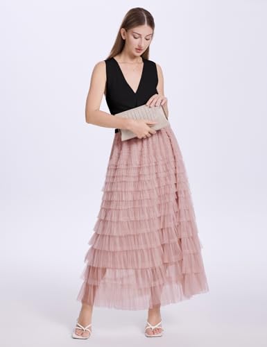 image for PEHMEA Women's Tulle Maxi Skirt High Waist Elastic Tiered Ruffle A-Lin