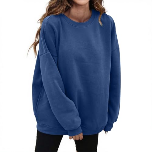 Sudadera de gran tamaño para mujer, con bolsillos, hombros caídos, cuello redondo, forro polar, manga larga, color liso, casual, ajuste relajado, trajes de moda para otoño 2025, azul, XL