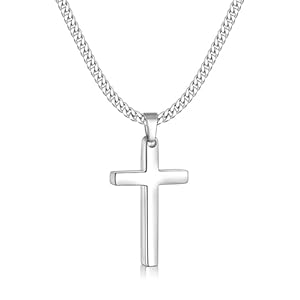 Fiusem Cross Necklace for Men, Silver Tone/Gold Plated/Black Mens Cross Necklaces with 3.5mm Cross Chain and Stainless Steel Cross Pendant, Cuban Chain 16-28 Inch
