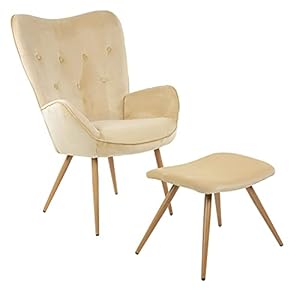 De Albatros-oorfauteuil met YORK-kruk, beige, fluwelen hoes, comfortabel gestoffeerd, tv-fauteuil, gestoffeerde fauteuil