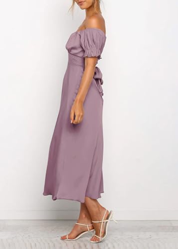 Image of KIRUNDO Women's Satin Summer Wedding Guest Cocktail Dress | 2026 Spring Fall Party Midi Dress, Silky, Elegant Off Shoulder Short Sleeve, Ruffle Mermaid Hem, Wrap Prom Formal Outfits