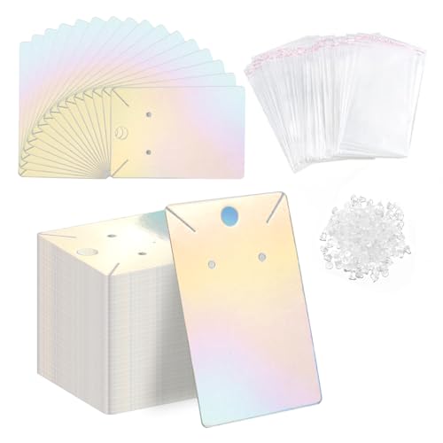 fuceury 150 pcs Holographic Earring Display Card Holder 300 Pcs Backs and 150 Jewelry Packaging Bags for Earring Necklace Jewelry Cards