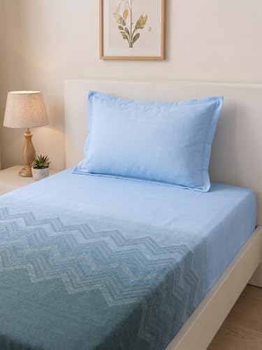Image of Mafatlal 186 TC Autumn Delight Graceful Pure Cotton Single Flatsheet (60 x 90 Inch) | Breathable Summer Comfort | Wrinkle-Free Floral Bedsheet with 1 Pillow Cover, Ash Blue