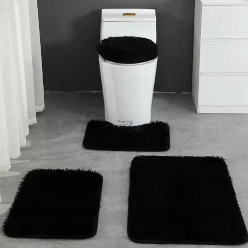 Huniupore 4 Piece Non Slip Toilet Lid Cover and Contour Mat Bath Mats Shower Mats Bath Rug Mat for Tub Toilet Bathroom (Black)