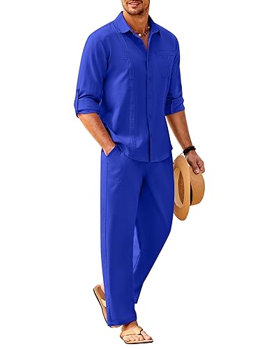 COOFANDY Mens 2 Piece Linen Outfit Button Down Shirt and