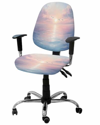 Ocean Sunset 2 Pieces Computer Office Chair Covers Set,Stretchable Desk Rotating Chair Seat Cushion Slipcover Back Covers,Pink Blue Nature Scenery Birds Painting Slipcover Back Cover,Protectors Cover