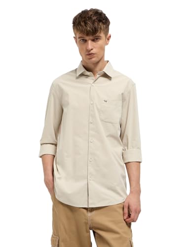 Image of THE BEAR HOUSE Men's Beige Slim Fit Solid Cotton Casual Shirt