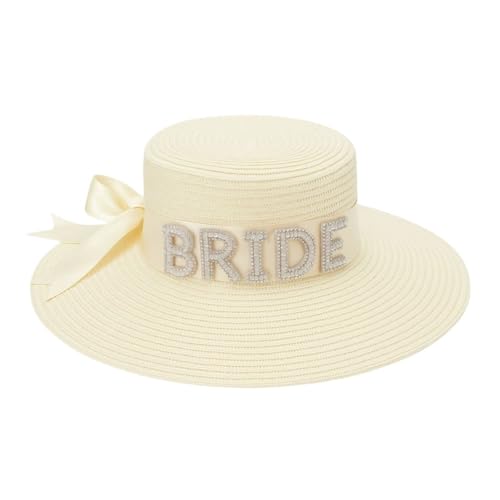 Image of Wanna Party Bride Sun Hat Brim Straw Floppy Bride Beach Hat for Women Bridal Honeymoon Wedding Party, Engagement, Bridal Shower,Bachelorette Party
