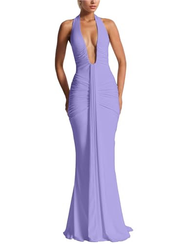 Women’s Evening Extra Long Dress Deep V-Neck Backless Halter Ruched Draped Elegant Club Party Maxi Dress Gown Outfits2