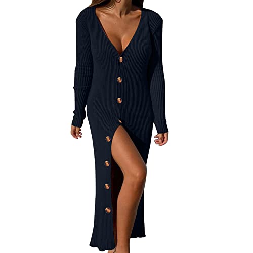 Damen Pullover Kleid Elegant Lang Strickkleid Tief V-Ausschnitt Langarm Herbst Winter Elegant Sweatkleid mit Knopf Freizeit Winterkleid Mode Kleidung...