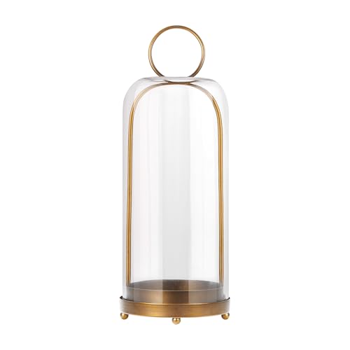 Image of Twakutwaku 20" High Versatile Modern Metal Hurricane Lantern with Handmade Sturdy Glass Dome in Antique Brass for Pillar Candle & Plants, Industrial, Farmhouse, Shabby Chic (Brass, 7.5"x20")