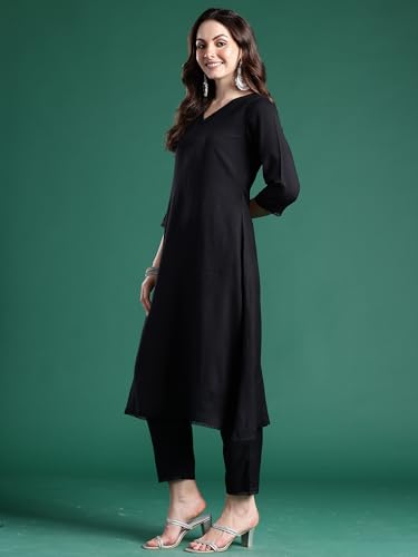 Image of INDO ERA Women's Straight Cotton Blend Solid Solid Kurta & Pant with Dupatta Set (IESTR10631)