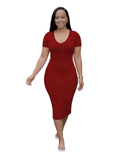 Image of TOPSRANI Women Sexy Midi Dress Bodycon Casual Sleeveless Basic Ruched Tank Summer Club Party Dresses