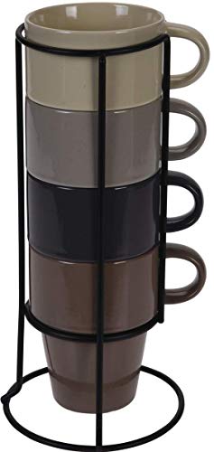 Set van 4 Steengoed Mokken in Metalen Stand Grote Stapelen Mokken Koffiebeker