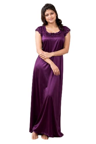 Image of Satin Full Length Nighty for Women, Maroon Maxi Night Gown with Lace Detail, Soft Breathable Fabric, Stylish Night Dress