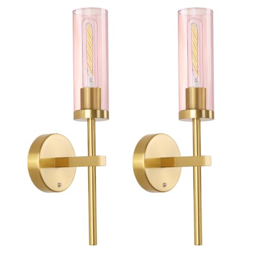 Image of Shenmoyl Battery Operated Wall Sconces Set of 2, Gold Rechargeable Wall Lighting Fixtures, Dimmable Wall Lights with Remote & Pink Glass Shade for Living Room, Bathroom,Bedroom