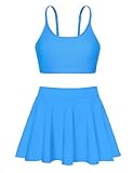 Sky Blue Solid Color Girls' Swimsuit Size 7-8 + Double Layer High Waisted Pleated Skirts Two Piece Bikini