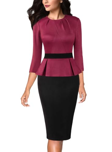 Image of VFSHOW Womens Pleated Crew Neck Peplum Slim Work Business Bodycon Dress | 3 /4 Sleeves, Professional Elegant Church, Funeral, Spring Fall, Fitted Office Pencil Sheath Dress