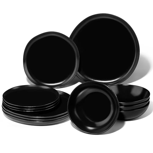 Joyfair Dinner Set 12 Pieces Stoneware Dinnerware Set Service for 4 Reactive Glaze Irregular Shape Plates and Bowls Chip & Scratch Resistant Microwave & Dishwasher Safe Matte Black