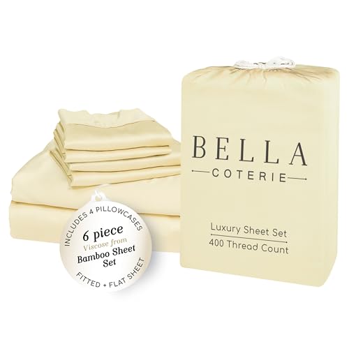 Image of Bella Coterie 6 Piece Luxury Bamboo Viscose King Size Sheet Set | 100% Organically Grown | Cooling for Hot Sleepers | 18 inch Deep Pocket | Soft & Hypoallergenic | 4 Pillowcases [Lemonade]