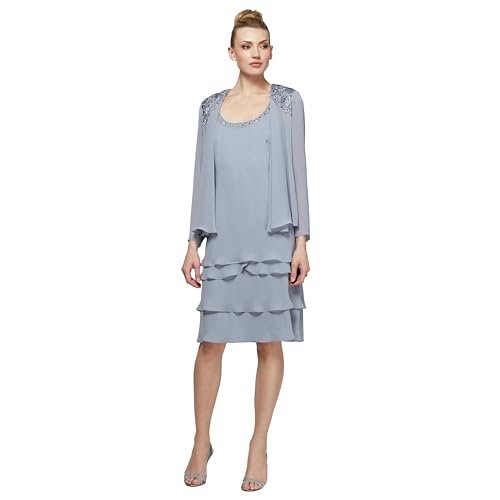 Image of S.L. Fashions Women's Mother of The Bride Tiered Jacket Dress with Shoulder Embellishment