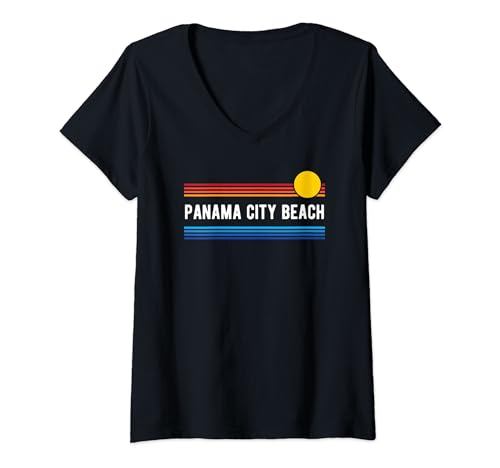 Diseño retro de estilo atardecer en Panama City Beach, Florida, EE. UU. Camiseta Cuello V