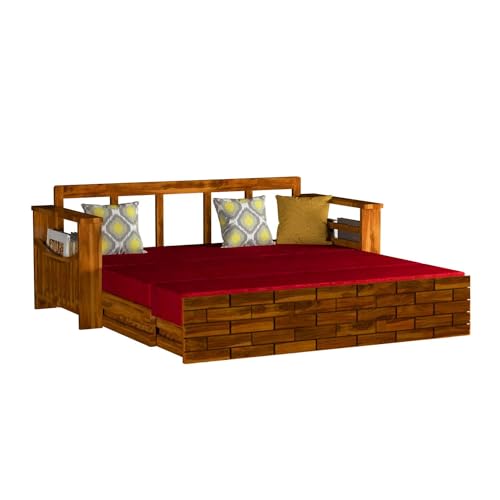 Image of Mamta Furniture Solid Sheesham Wood Sofa Cum Bed Furniture Set with Storage and 40 Density Cushions for Living Room, Bedroom, Drawing Hall Honey Finish Queen