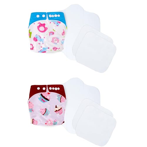Image of Ambaby Cloth Diapers Combo Pack Quick Dry Comfort Gots Certified Free Size Button Adjustable, Washable, Reusable, Multilayered Cotton Pads And Boosters, Animals Blue And Cup Cake Printed - Pack Of 2