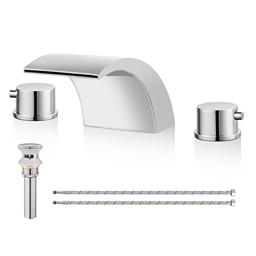 Airuida Wasserfall Widespread Bathroom Sink Faucet 8 Inch Widespread Bathroom Faucet Chrome Polish with Pop Up Drain Double Handles 3 Holes Commercial Faucet Lines Quick Install Pipe Water Supply Cover