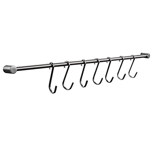 Weirun 22-Inch SOLID SUS 304 Stainless Steel Pan & Pot Rack with 7 Hooks Kitchen Storage Organizer Bar Shelf Utensil Hanger Wall Mount Brushed Finish