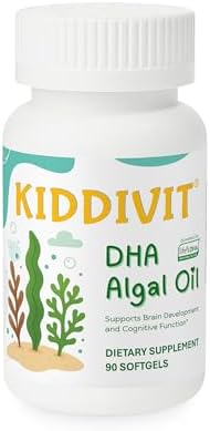 Kiddivit Algal Oil DHA Softgels for Kids – Plant-Based Omega-3 from Algae, 100 mg DHA per Softgel – Supports Brain, Eye, and Nervous System Development – Vegan – 90 Softgels