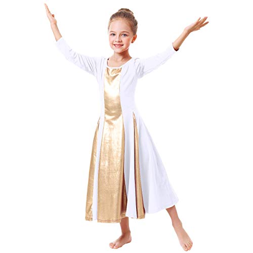 image for IBAKOM Little/Big Girls Metallic Gold Color Block Long Sleeve Liturgic