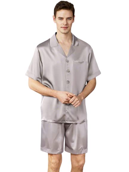bellababebyskMen Silver Half Sleeve Satin Night Suit with Shorts