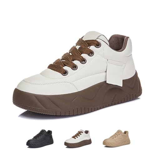 Women's Genuine Leather Platform Heighten Fashion Sneaker Retro Round-Toe Lace Up Lightweight Comfort Casual Walking Shoes