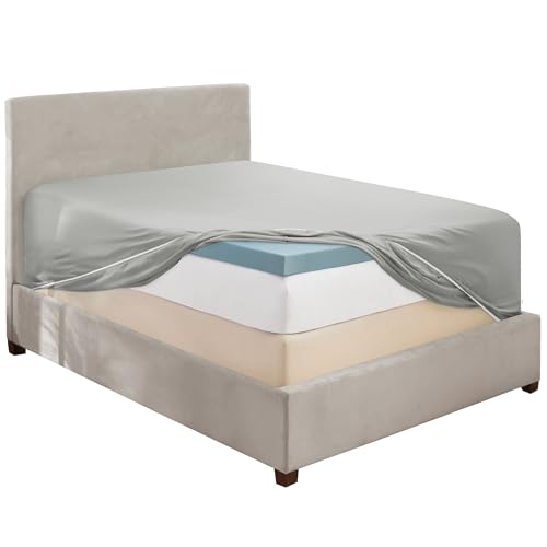 Image of Hearth & Harbor Extra Deep Pocket Twin Fitted Sheet - Fits 18 to 24 Inch Mattress - Ultra Soft 1800 Microfiber, Wrinkle-Free & Breathable - Hotel Luxury Fitted Sheet Only, Light Grey