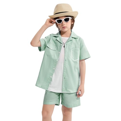 Image of LOLANTA Boys 2 Pieces Linen Set kids Short Sleeve Button Down Shirt and Shorts Summer Vacation Outfits