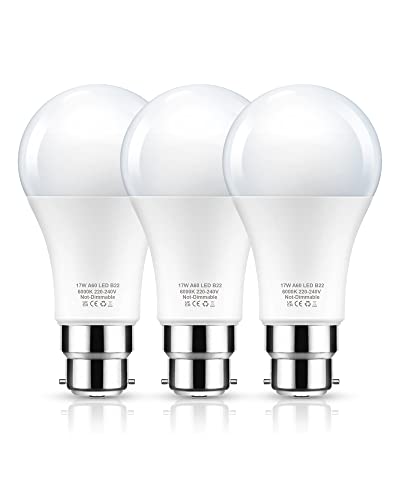 Flaspar 17W B22 Bayonet Light Bulb, 150W Equivalent LED Light Bulbs Bayonet, Daylight 6000K, 1600LM, A60 Energy Saving Bulbs