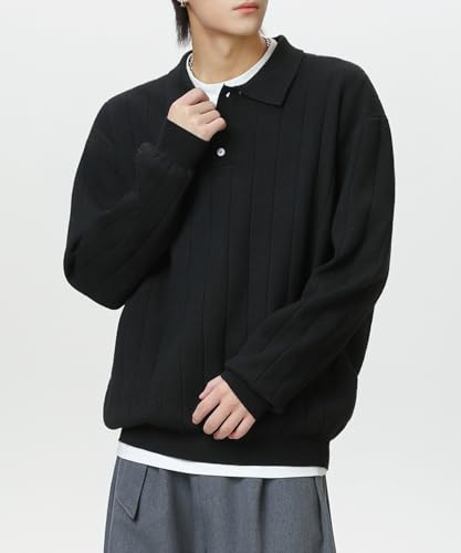 POHADON Men's Retro Ribbed Sweater Grandpa Grunge Collared Neck Knitted Sweater Old Money Aesthetic Fall Winter Polo Tops3