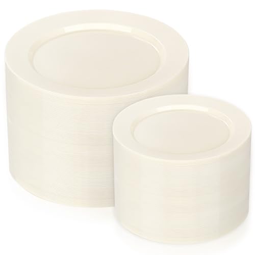 Image of I00000 200 Pcs Ivory Plastic Plates, Disposable Party Plates Include 100 Ivory Dinner Plate 10'' and 100 Plastic Dessert Plate 7'' Perfect for Birthday, Party & Wedding
