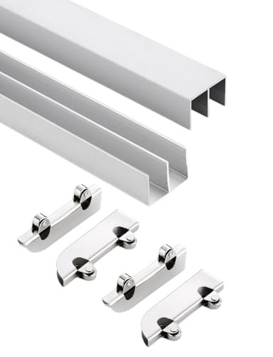 Kit de riel para puerta corredera de cristal, riel guía de aluminio de doble canal con rodillos silenciosos, adecuado para vitrinas y armarios