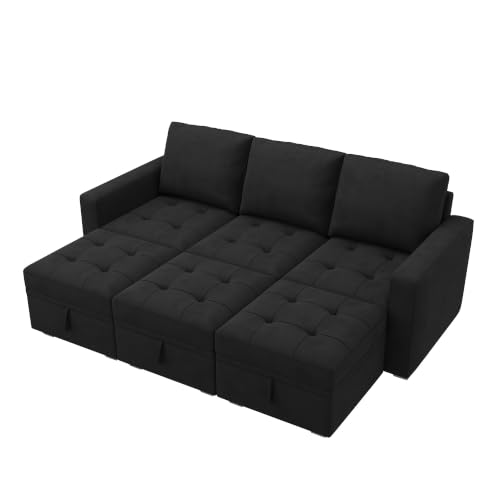 Image of HONBAY Modular Sleeper Sectional Sofa Bed with Storage,Velvet Black