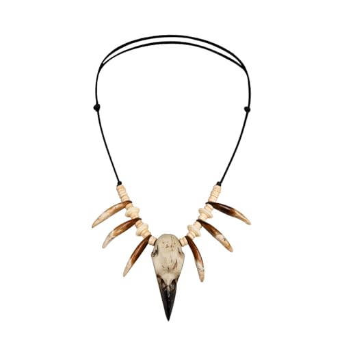 Joukavor Handmade Adjustable Tribal Necklace with Tooth & Raven Skull Ethnic Jewelry for Women Men Cosplay