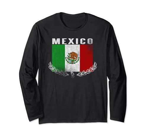 Mexico Center Flag & Leaf Long Sleeve T-Shirt, Black