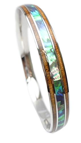 316L Stainless Steel Comfort Fit Natural Koa Wood And Abalone Paua Shell Stripe Inlay Hawaiian Curved Top Bangle Bracelet (Width: 8mm, 10mm) (Size: 7.5