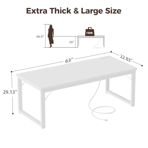 Image of Mericonia 63 Inch Computer Desk with Power Outlets, 1.2 inch Thick Office Table | Modern Simple Style, Heavy Duty Industrial Frame, Large Study & Writing Table for Home Bedroom Work, White