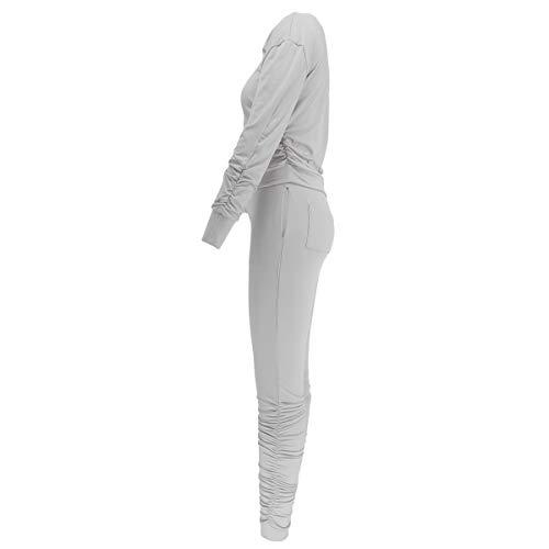 Thlai Women Solid Color 2 Piece Outfits Fall Crew Neck Pullover Top Long Pants Set Tracksuit Grey M #TOP3