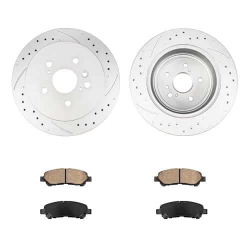 Image of KAX Rear Brake Kit, Drilled and Slotted Brake Rotors, Ceramic Brake Pads | Fits Toyota Highlander 2008-2013, Toyota Highlander 2014 3.5L, Automotive Replacement Brake Kit